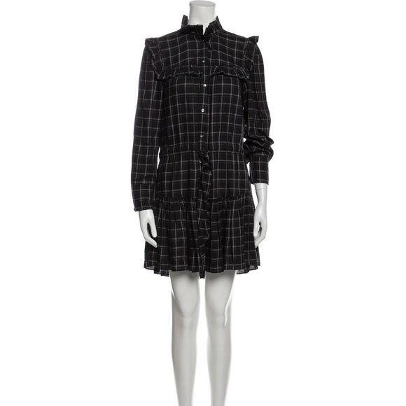 Rebecca Taylor La Vie Drapey Plaid Long Sleeve Belted Ruffle Dress - Black Combo - Picture 9 of 16